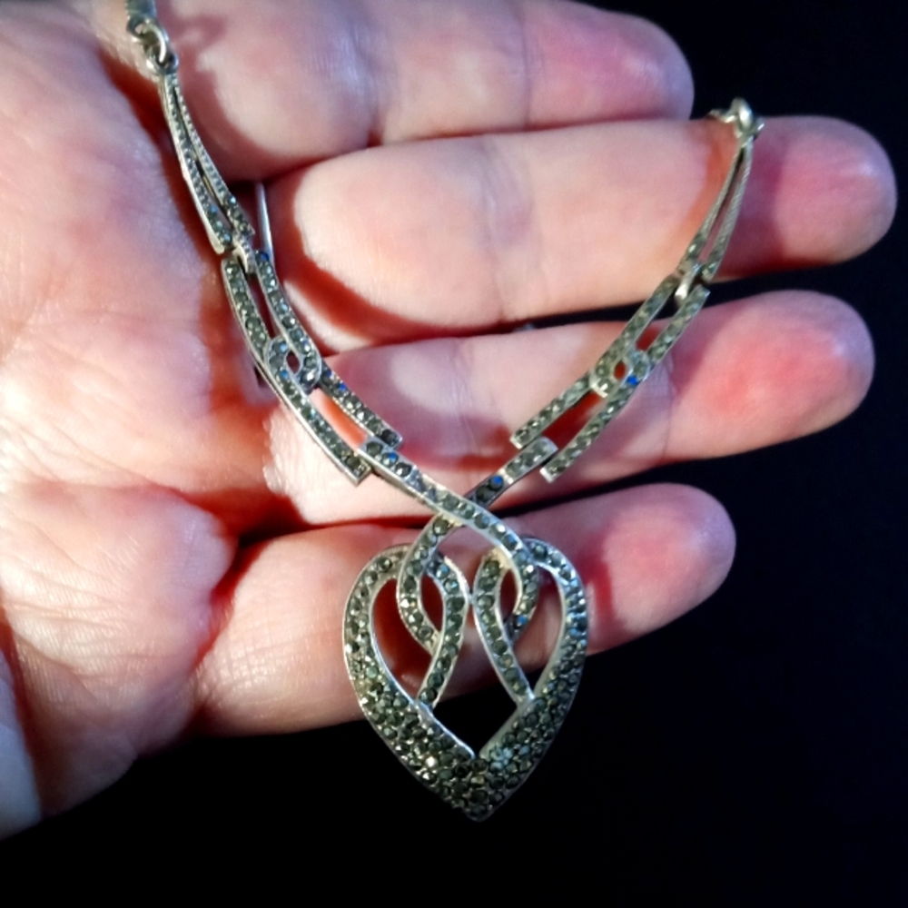 Rare Antique 925 Marcasite Heart Art Deco Necklace